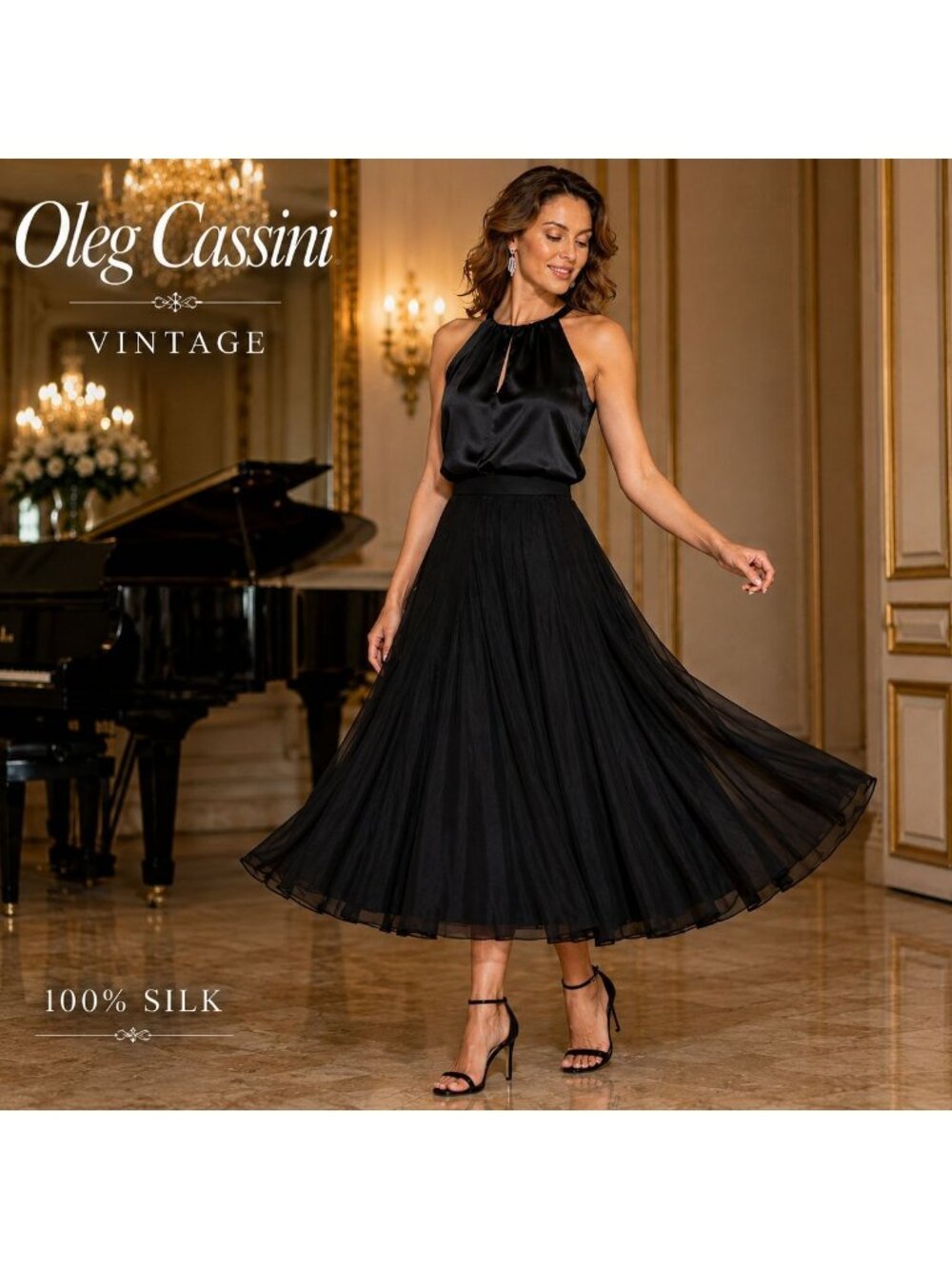 Vintage Oleg Cassini Black 100% Silk Tea Length Skirt Size S Full Flowy Formal